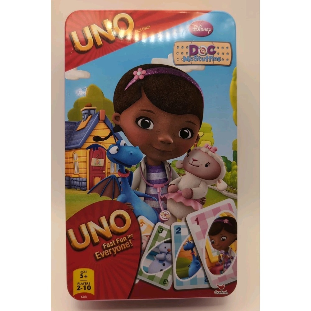 UNO CARD GAME~TIN~DISNEY DOC MCSTUFFINS~2013 MATTEL~CARDINAL~BRAND Ages ‎ 5+